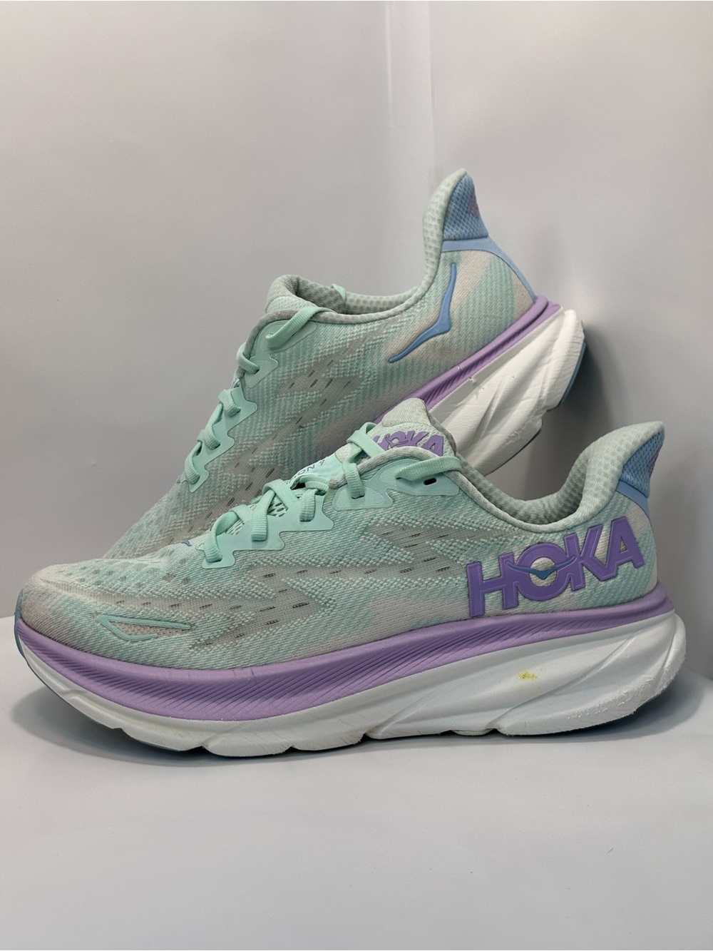 Hoka Clifton 9 Women's Size 10B Running Shoes Mint Green/Purple/White Sneakers
